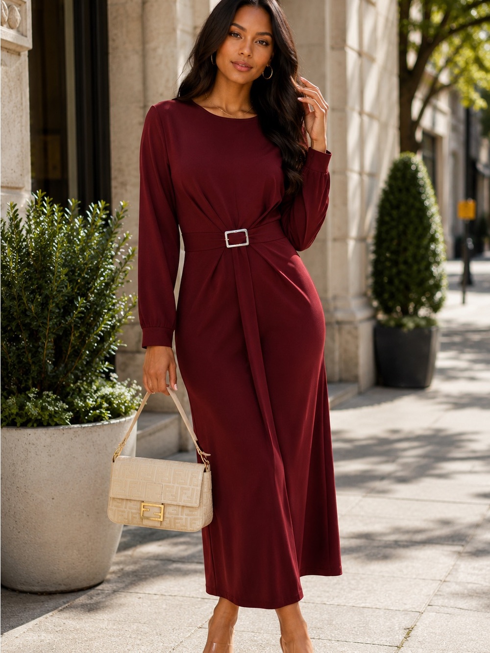 Women Burgundy Maxi Dress with Belt Size 48